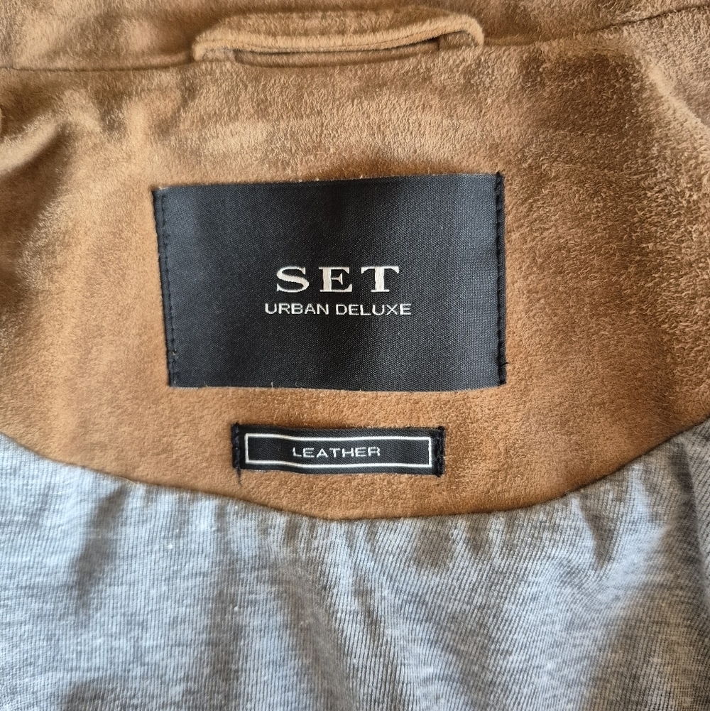 SET Urban Deluxe Suede Moto Jacket Camel Tan Leather Biker Coat US 8 - Picture 4 of 12